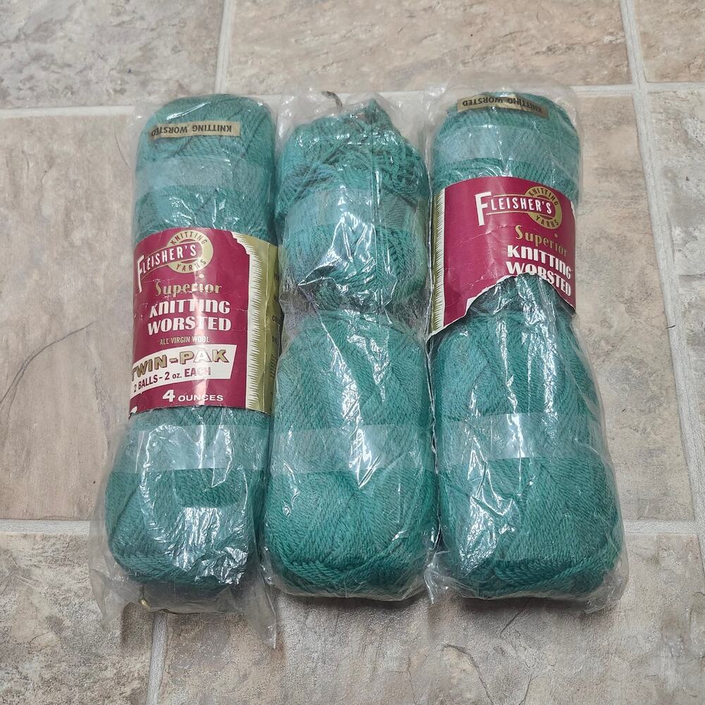 Fleisher's Vintage Superior Knitting Worsted Aqua Teal Wool Yarn Lot 3 Twin-Paks